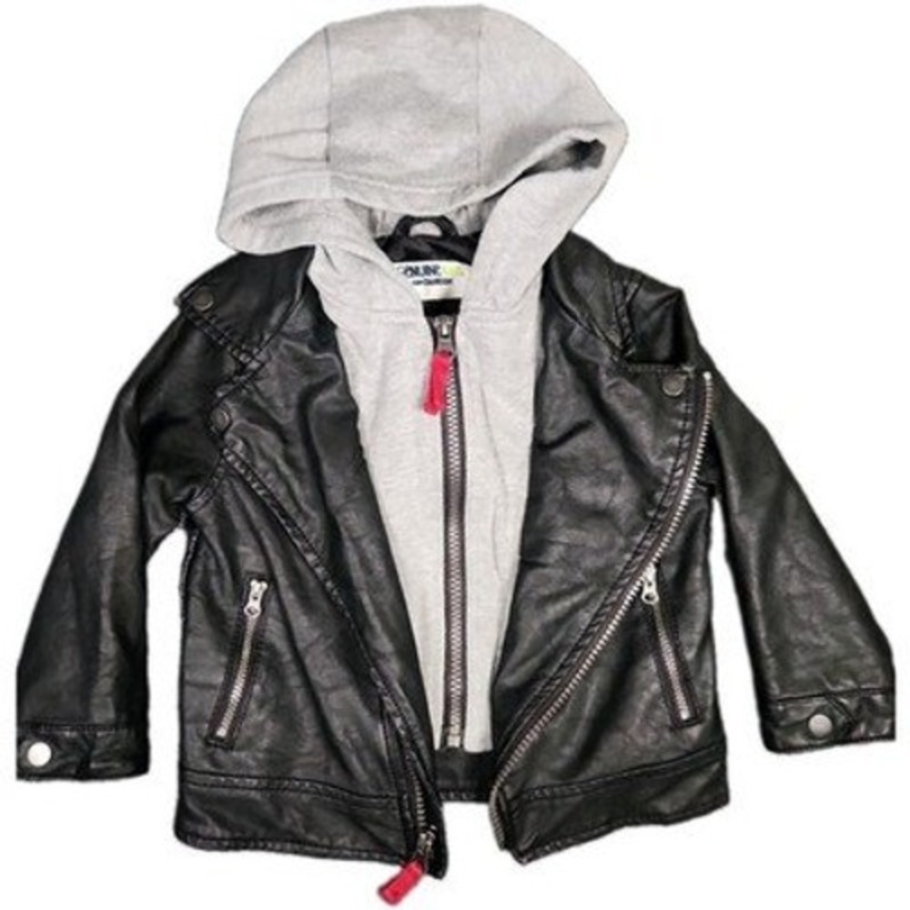 Genuine Kids OshKosh Toddler Faux Leather Moto Jacket Black Grey Hooded Coat 2T